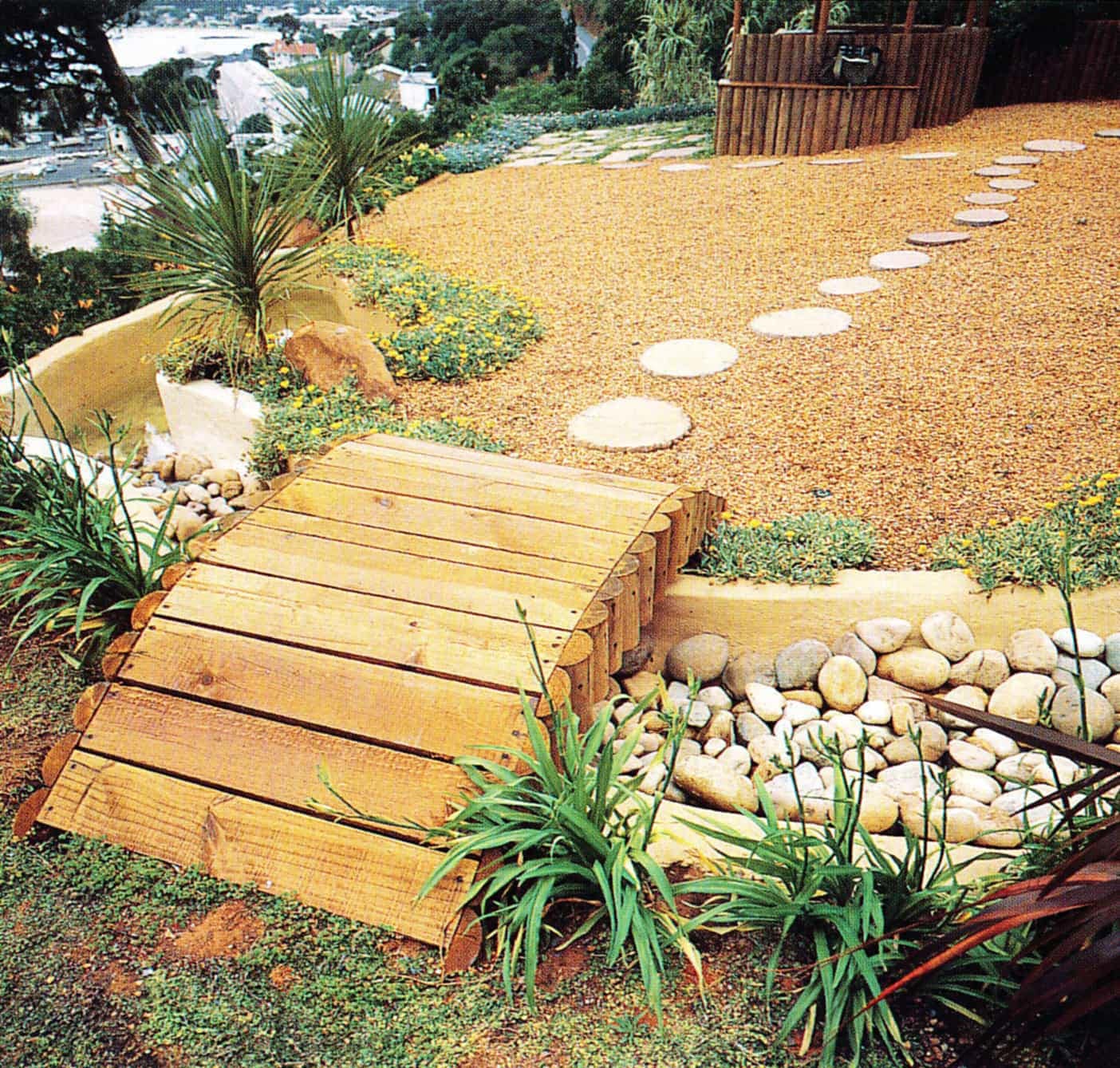 Stone path and rustic bridge
